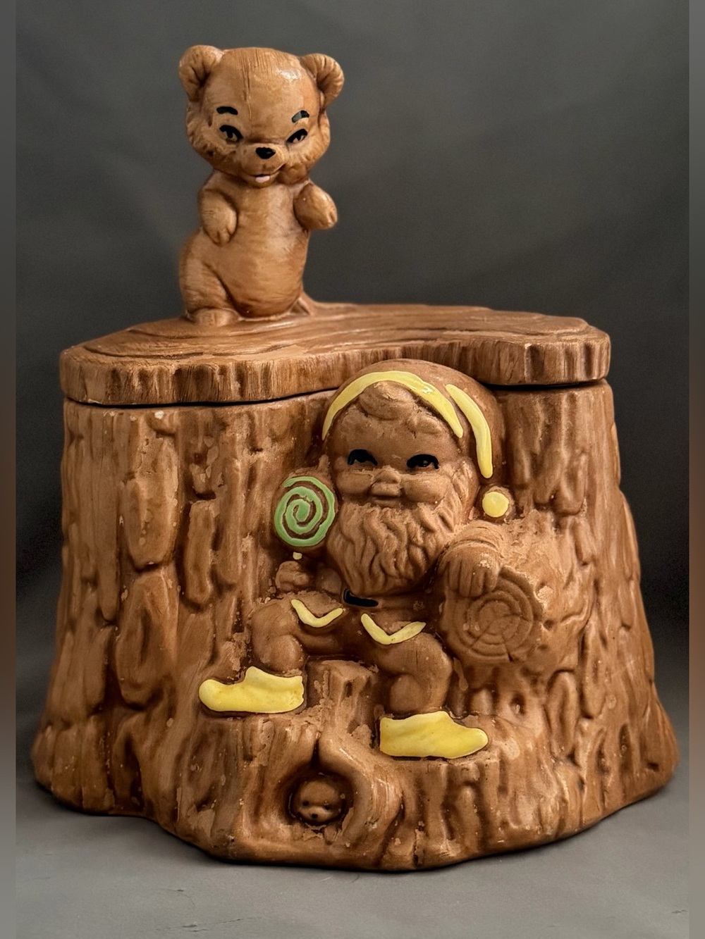 Vintage 1963 Twin Winton Bear Gnome Tree Stump Cookie Jar California USA Ceramic